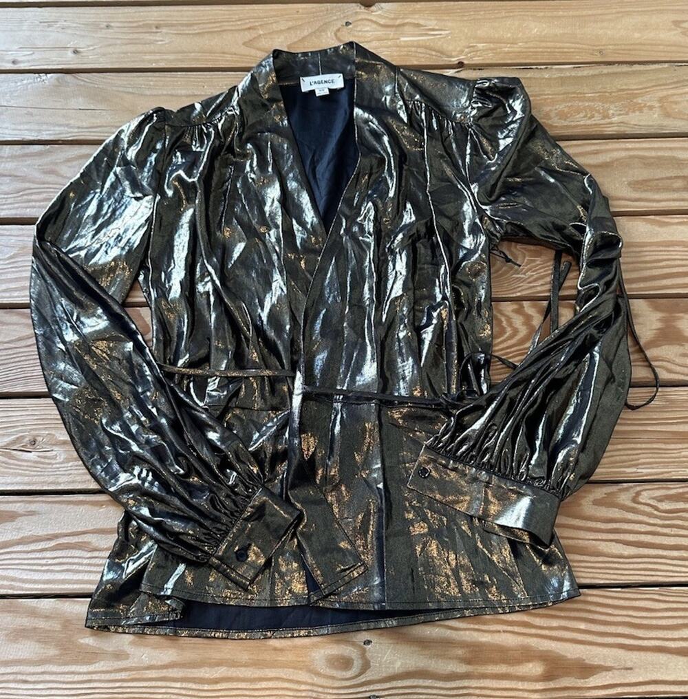 L’agence NWT Women’s Metallic Wrap Blouse Size XS Gold D11